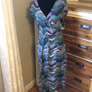 Green and purple wrap dress
